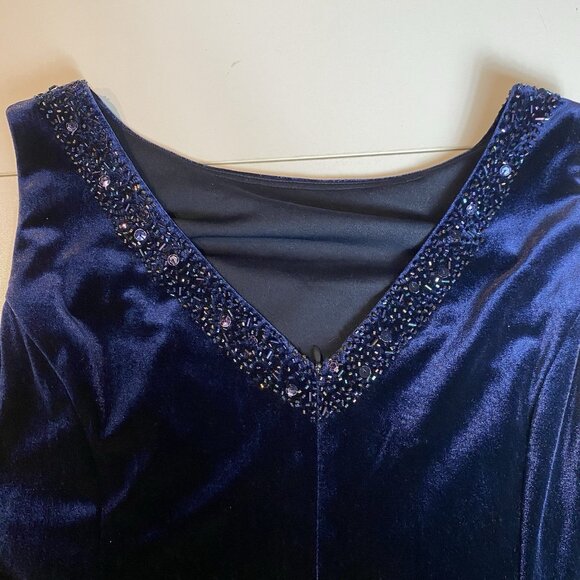 Coldwater Creek Dress Navy Blue Velvet Beaded Mesh Panel Hem Whimsigoth Sz 14P - Picture 10 of 13